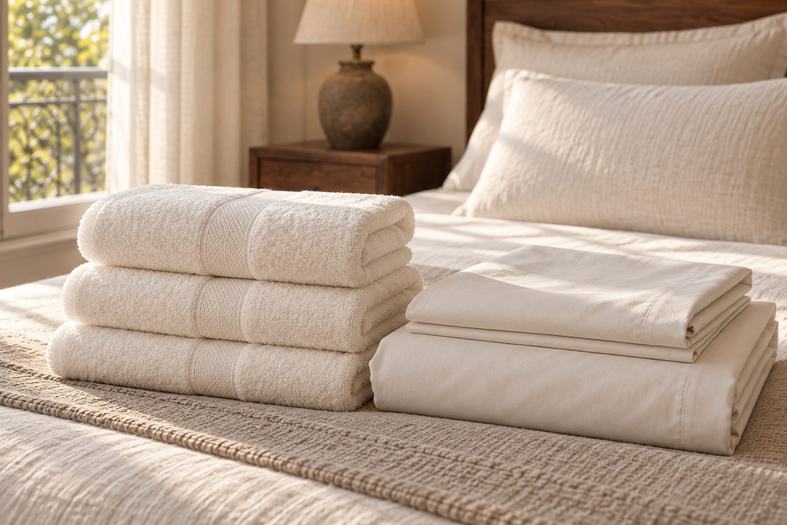 Folded towels and linen on a linen-covered bed