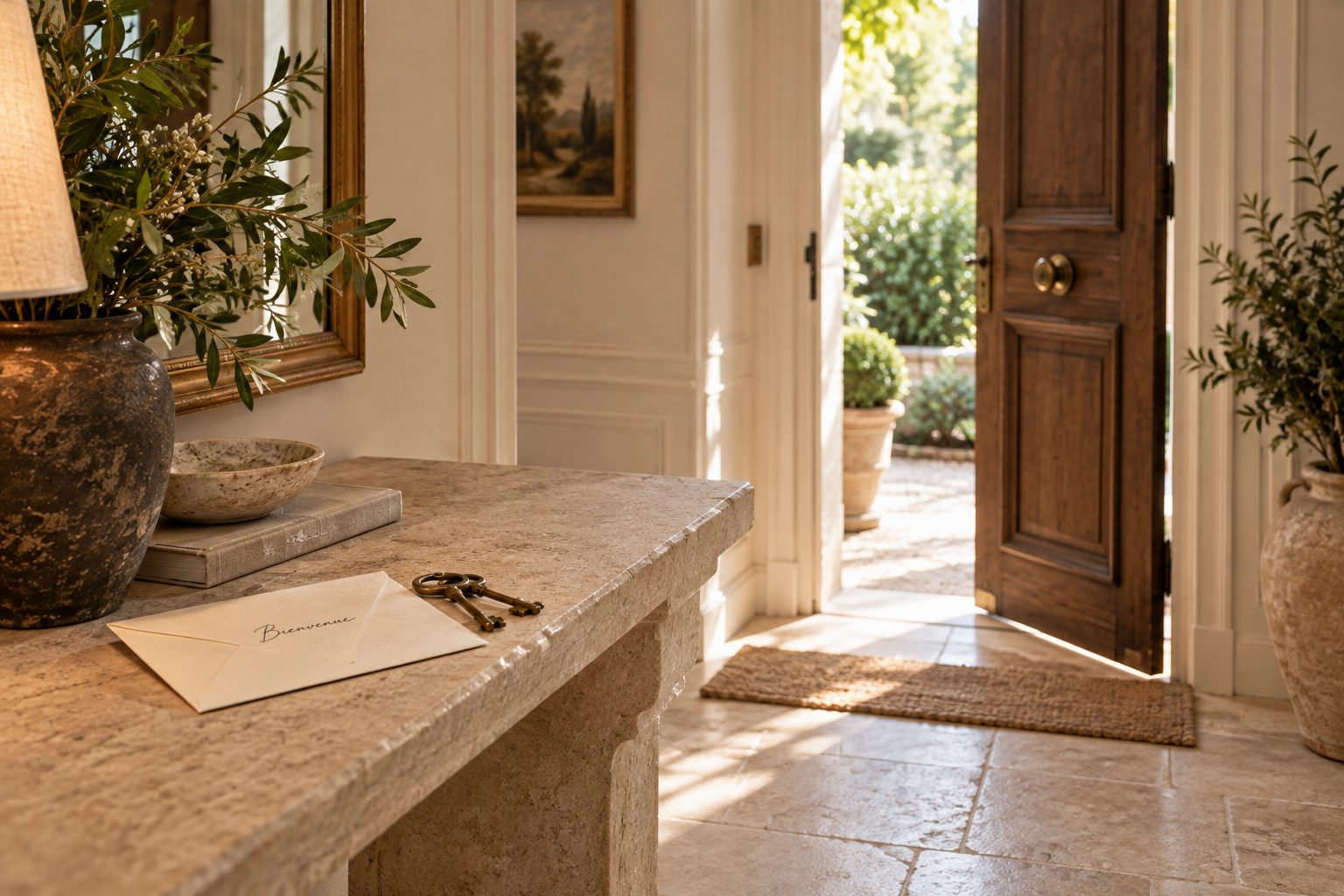 An entrance hall with the welcome envelope and keys on a limestone console