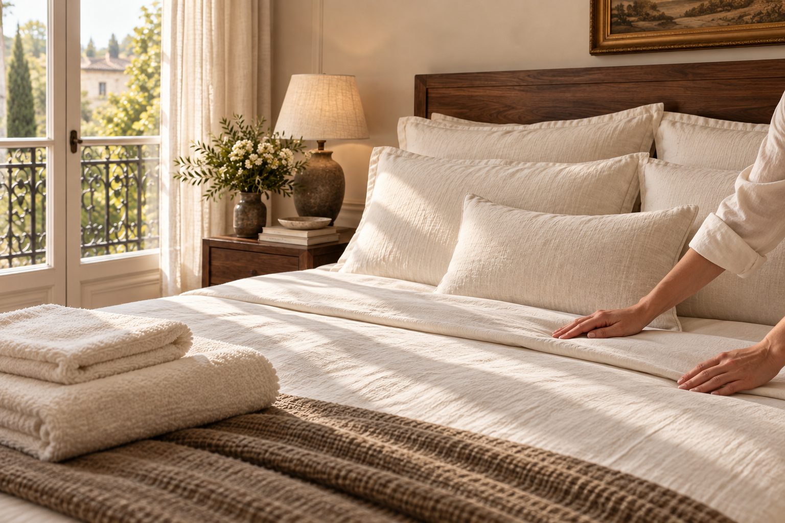 A bedroom being prepared: pressed linen and a walnut bedside in soft light