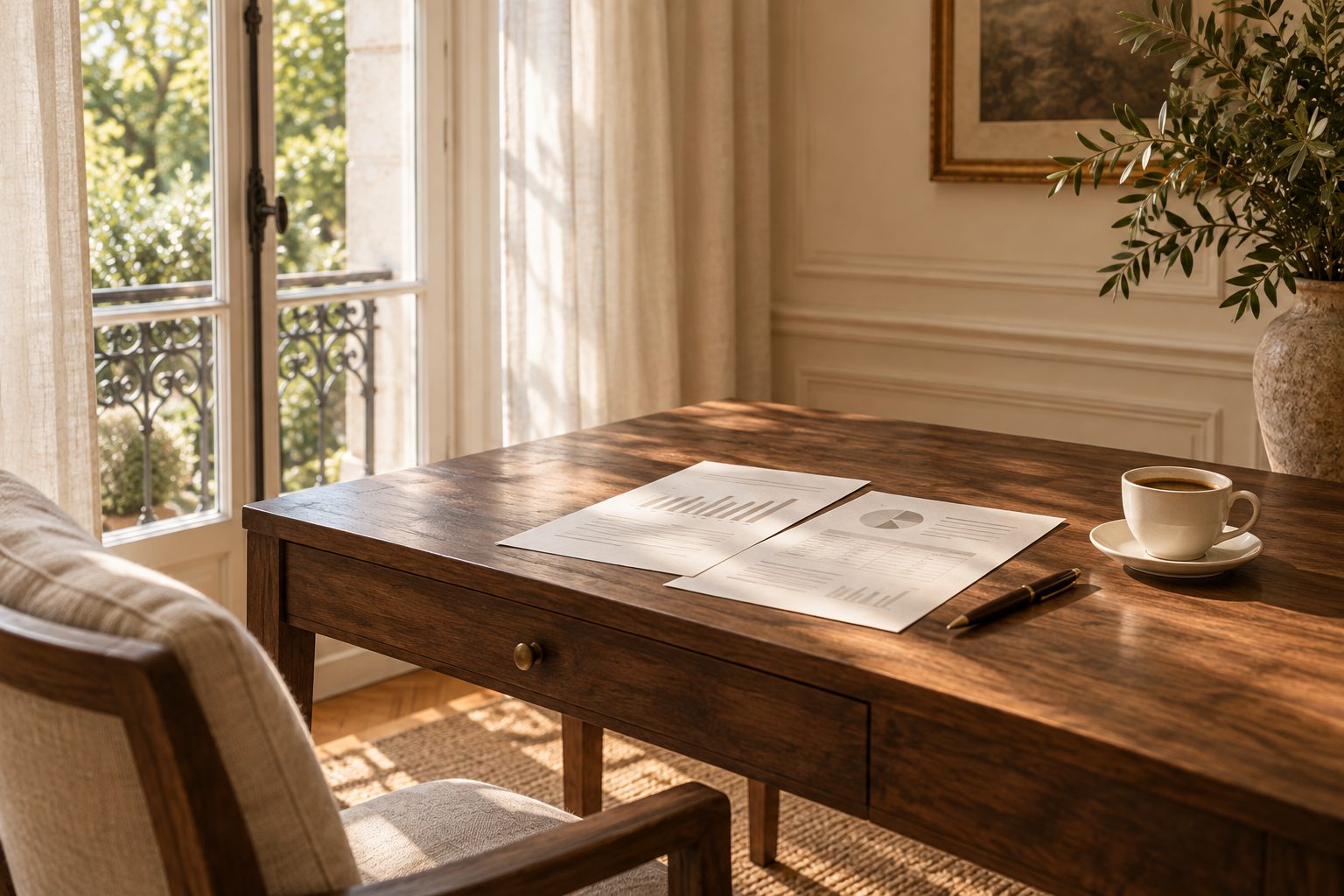 A walnut desk with the monthly owner summary and a cup of coffee