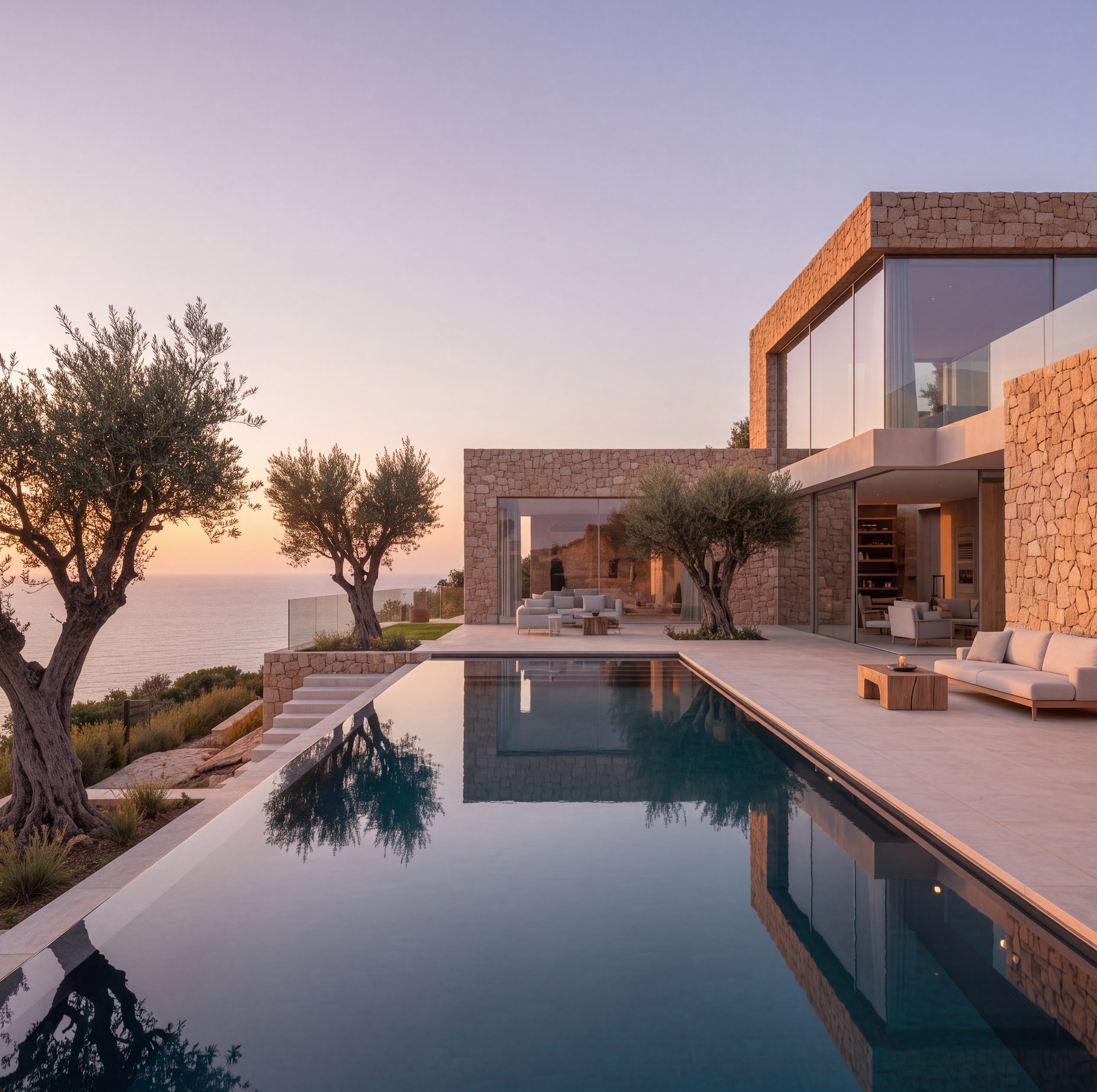 A stone villa above the sea at dusk, olive trees beside a long pool